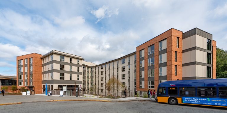 Shoreline Community College 7000 Campus building exterior with bus