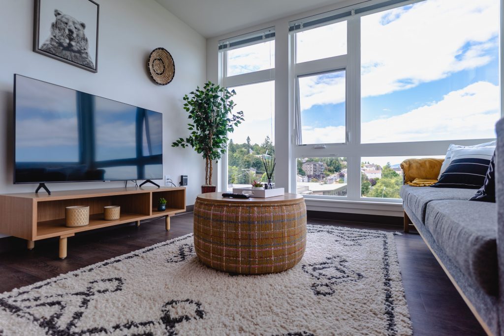 Apartment interior with couch and TV