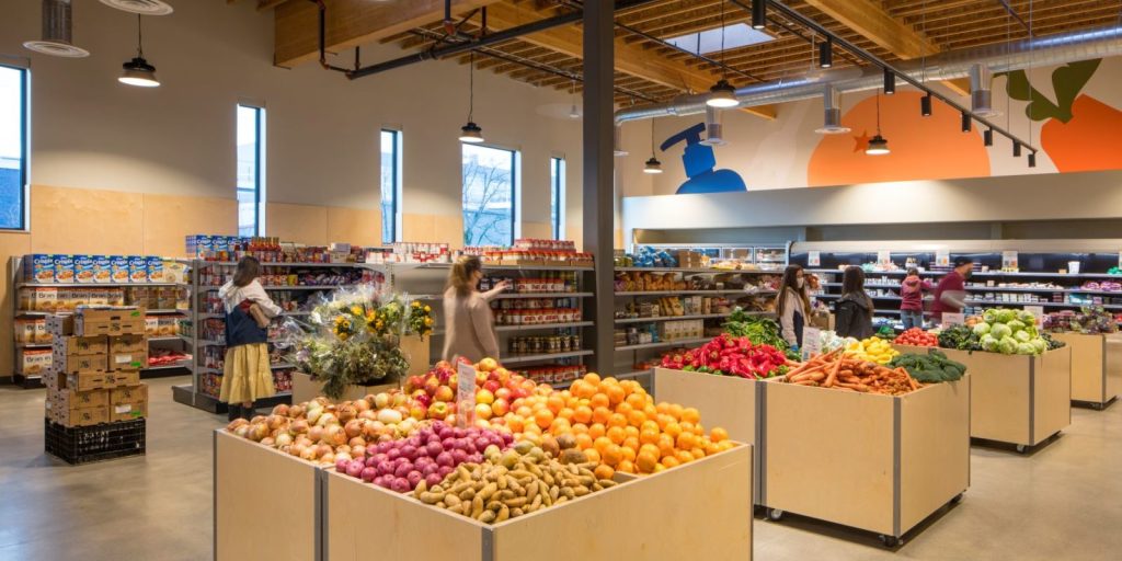 Ballard Food Bank interior with fruits and vegetables