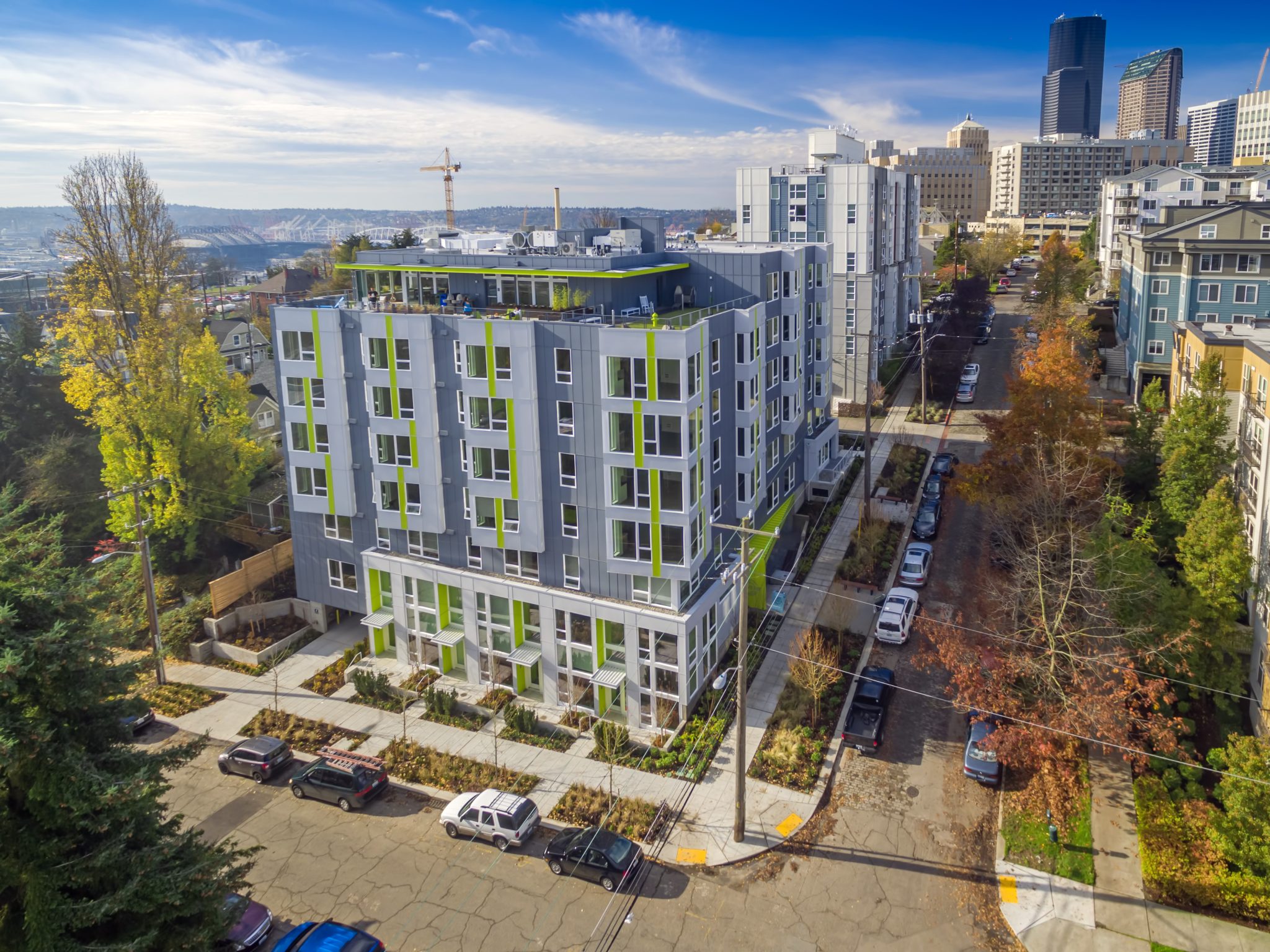 Reverb building exterior, view from corner with city in the background