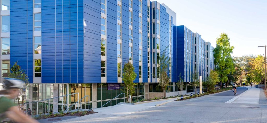 Blue building exterior of Mercer Court