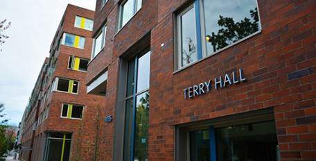 Exterior of building that reads "Terry Hall"