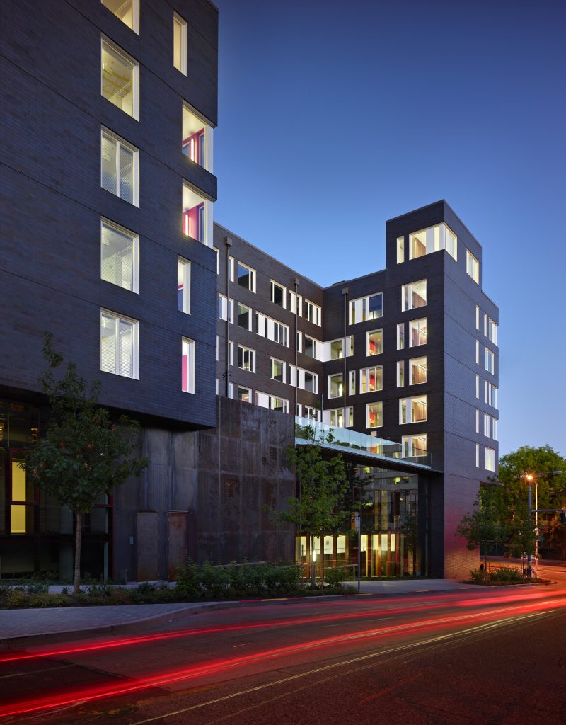 Poplar Hall building exterior at night